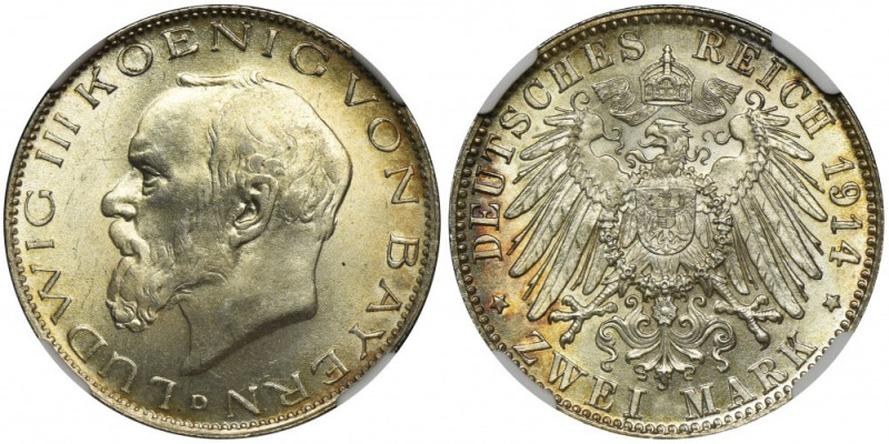 Germany, Bavaria, Ludwig III, 2 Mark Munich 1914 D - NGC MS65 Excellent specimen...