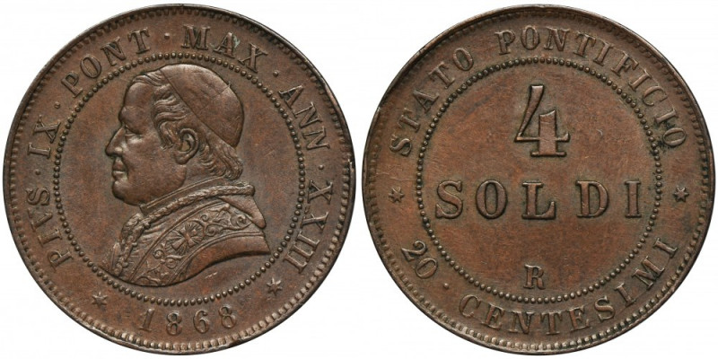 Vatican, Pius IX, 4 Soldi Rome 1868 R Reference: Pagani 593
Grade: XF- 

Ital...