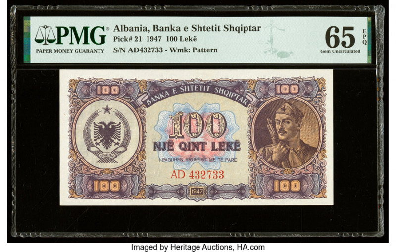 Albania Banka e Shtetit Shqiptar 100 Leke 1947 Pick 21 PMG Gem Uncirculated 65 E...