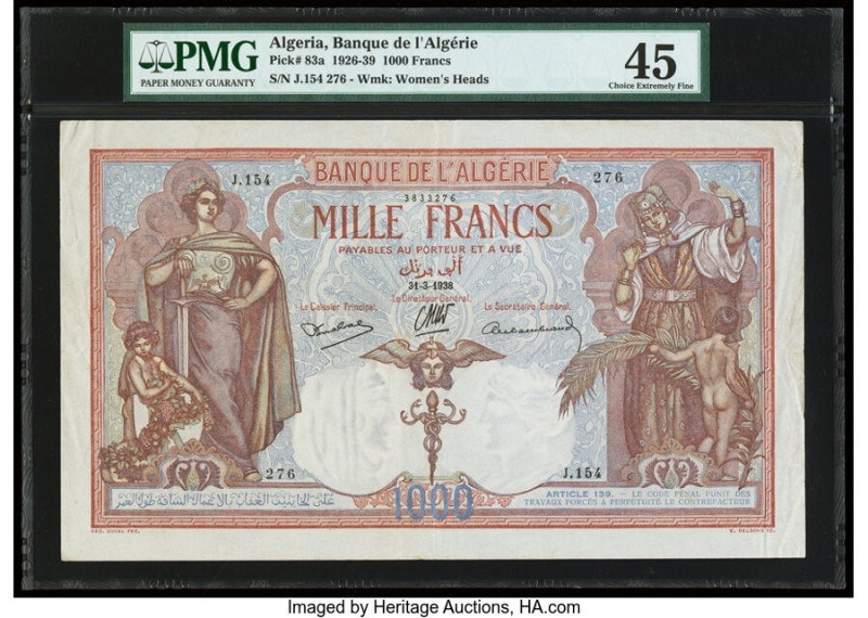 Algeria Banque de l'Algerie 1000 Francs 31.3.1938 Pick 83a PMG Choice Extremely ...