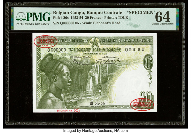 Belgian Congo Banque Centrale du Congo Belge 20 Francs 15.4.1954 Pick 26s Specim...