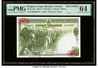 Belgian Congo Banque Centrale du Congo Belge 20 Francs 15.4.1954 Pick 26s Specimen PMG Choice Uncirculated 64. Red Specimen & TDLR overprints are pres...