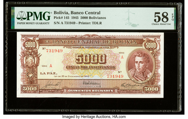 Bolivia Banco Central 5000 Bolivianos 20.12.1945 Pick 145 PMG Choice About Unc 5...