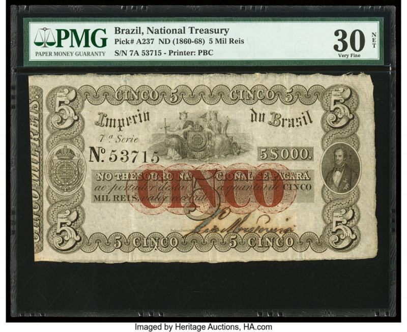 Brazil Thesouro Nacional 5 Mil Reis ND (1860-68) Pick A237 PMG Very Fine 30 Net....