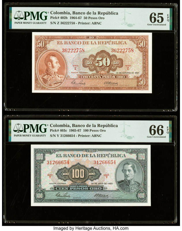 Colombia Banco de la Republica 50; 100 Pesos Oro 12.10.1967; 20.7.1965 Pick 402b...