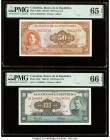 Colombia Banco de la Republica 50; 100 Pesos Oro 12.10.1967; 20.7.1965 Pick 402b; 403c Two Examples PMG Gem Uncirculated 65 EPQ; Gem Uncirculated 66 E...