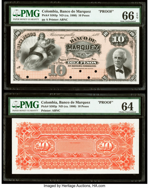 Colombia Banco de Marquez 10 Pesos ND (ca. 1880s) Pick S583p Front and Back Proo...