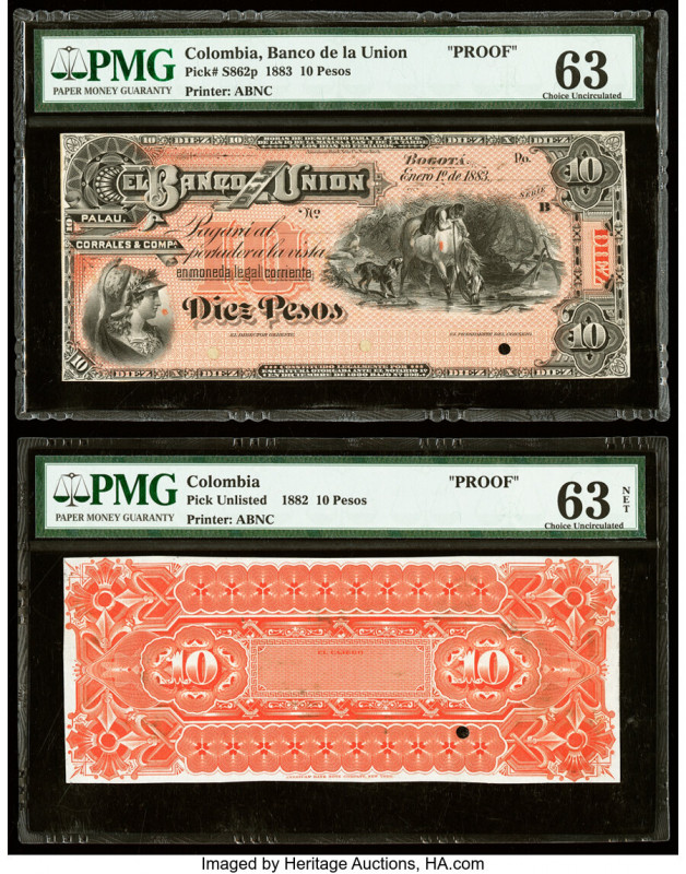 Colombia Banco de la Union 10 Pesos 1.1.1883 Pick S862p; UNL Front and Back Proo...