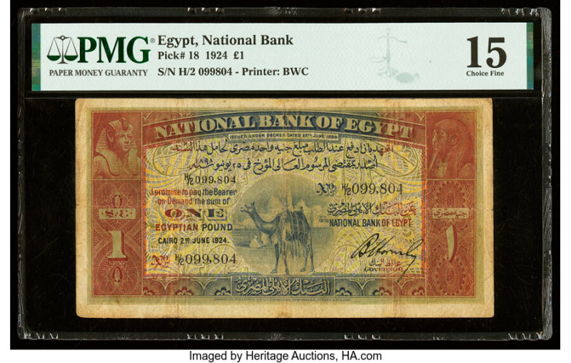 Egypt National Bank of Egypt 1 Pound 2.6.1924 Pick 18 PMG Choice Fine 15. This e...