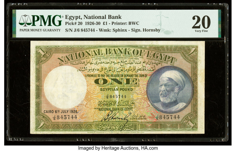 Egypt National Bank of Egypt 1 Pound 6.7.1926 Pick 20 PMG Very Fine 20. Minor re...