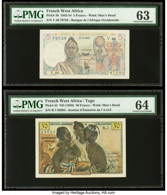French West Africa Banque de l'Afrique Occidentale 5; 50 Francs 17.8.1943; ND (1...