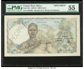 French West Africa Banque de l'Afrique Occidentale 1000 Francs ND (1948-54) Pick 42s Specimen PMG About Uncirculated 55. A roulette Specimen punch is ...