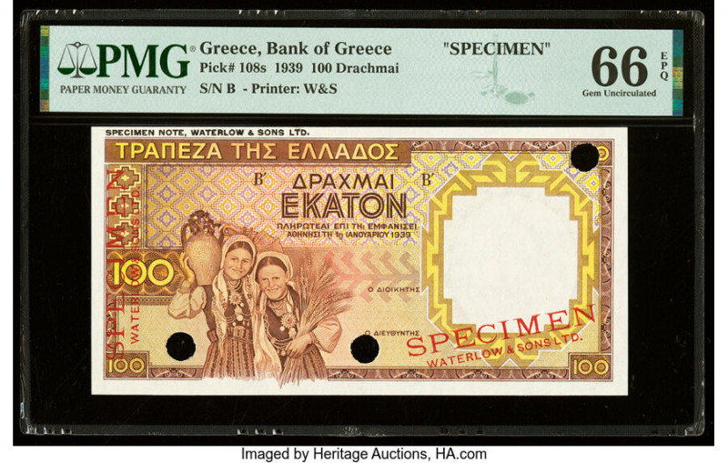 Greece Bank of Greece 100 Drachmai 1939 Pick 108s Specimen PMG Gem Uncirculated ...