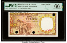 Greece Bank of Greece 100 Drachmai 1939 Pick 108s Specimen PMG Gem Uncirculated 66 EPQ. Red Specimen overprints and three POCs are on this example.

H...