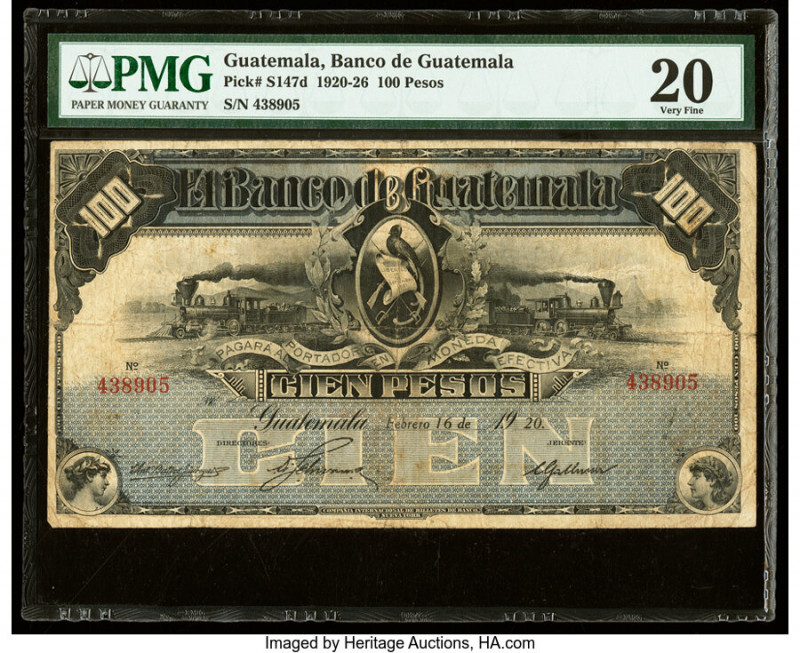 Guatemala Banco de Guatemala 100 Pesos 16.2.1920 Pick S147d PMG Very Fine 20. 

...