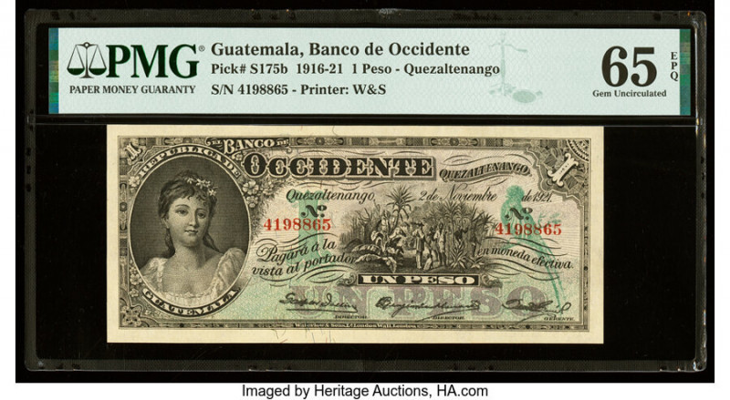Guatemala Banco de Occidente en Quezaltenango 1 Peso 2.11.1921 Pick S175b PMG Ge...