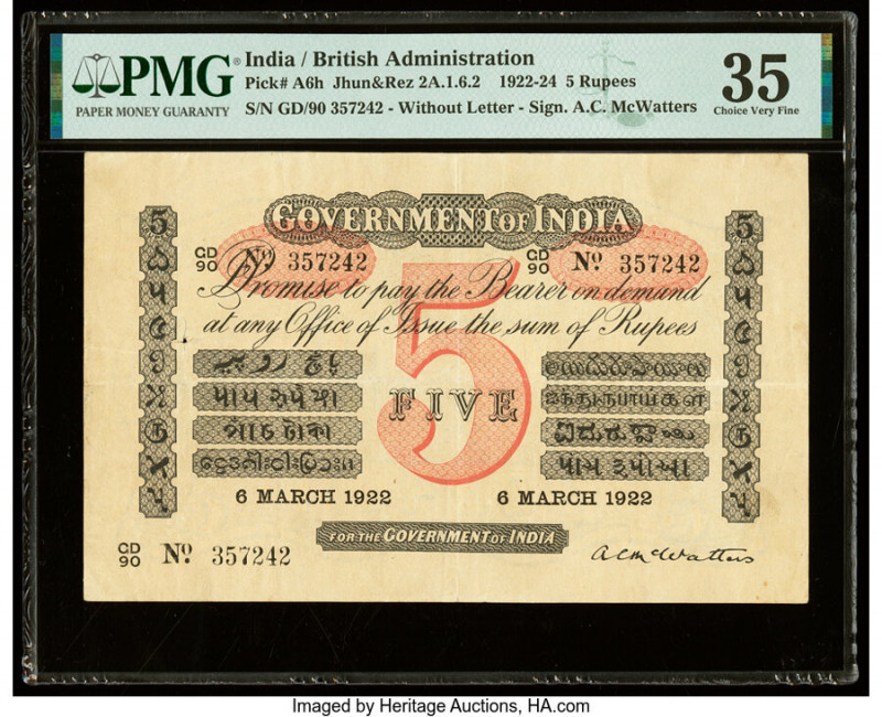 India Government of India 5 Rupees 6.3.1922 Pick A6h Jhun2A.1.6.2 PMG Choice Ver...