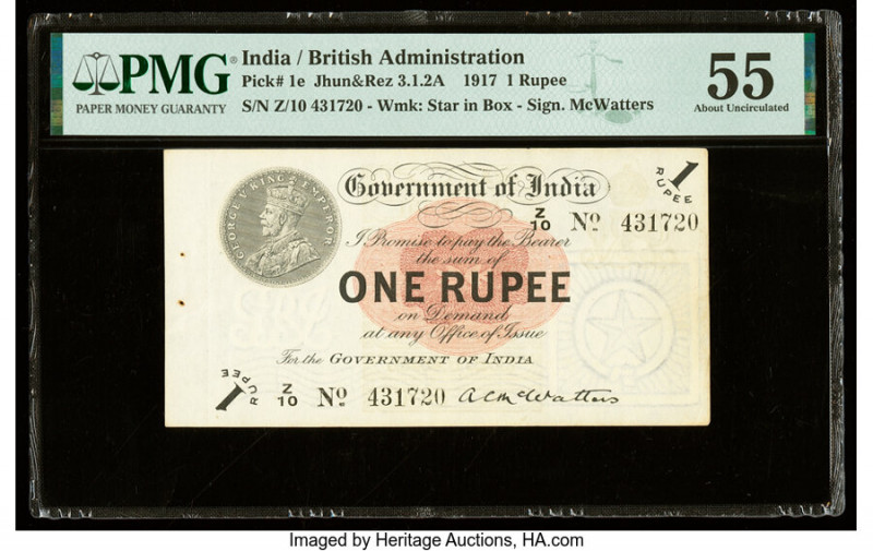 India Government of India 1 Rupee 1917 Pick 1e Jhun3.1.2A PMG About Uncirculated...