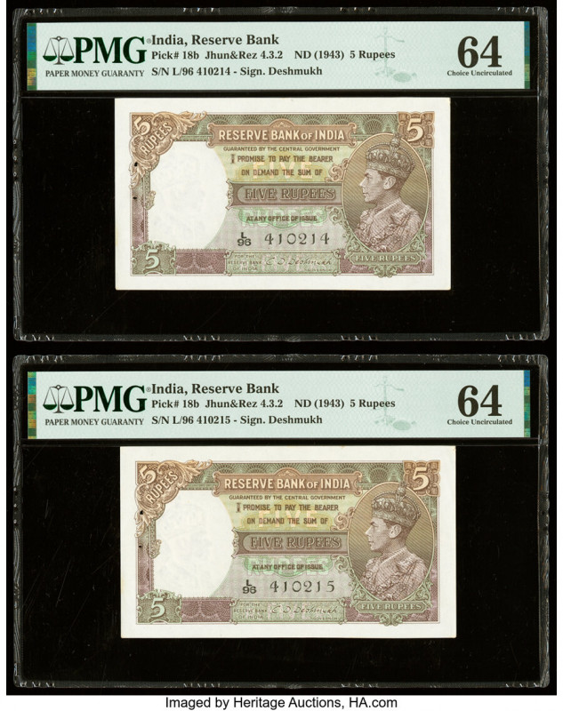India Reserve Bank of India 5 Rupees ND (1943) Pick 18b Jhun4.3.2 Two Consecutiv...