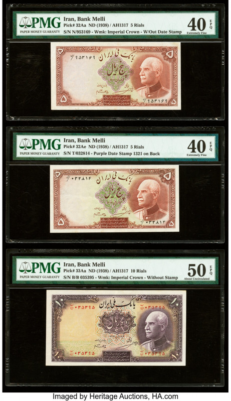 Iran Bank Melli 5 (2); 10 Rials ND (1938) Pick 32Aa; 32Ae; 33Aa Three Examples P...