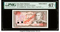 Iran Bank Markazi 20 Rials ND (1974-79) Pick 100a2s Specimen PMG Superb Gem Unc 67 EPQ. Red Specimen & TDLR overprints and two POCs are present on thi...