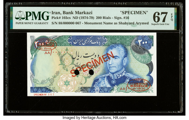 Iran Bank Markazi 200 Rials ND (1974-79) Pick 103cs Specimen PMG Superb Gem Unc ...