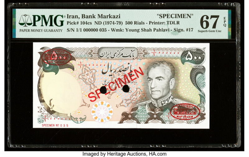 Iran Bank Markazi 500 Rials ND (1974-79) Pick 104cs Specimen PMG Superb Gem Unc ...