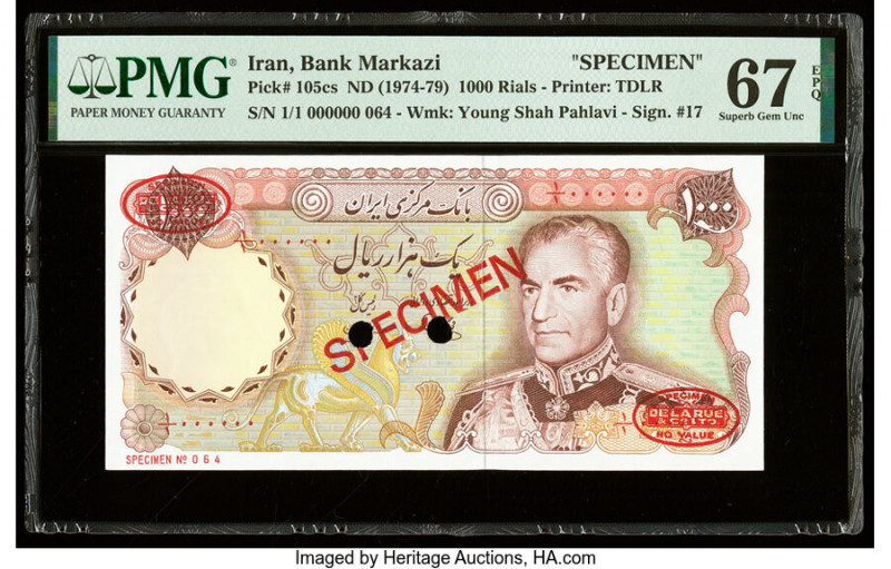 Iran Bank Markazi 1000 Rials ND (1974-79) Pick 105cs Specimen PMG Superb Gem Unc...