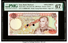 Iran Bank Markazi 1000 Rials ND (1974-79) Pick 105cs Specimen PMG Superb Gem Unc 67 EPQ. Red Specimen & TDLR overprints and two POCs are present on th...