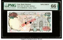 Iran Bank Markazi 500 Rials ND (1981) Pick 128s Specimen PMG Gem Uncirculated 66 EPQ. Red Specimen & TDLR overprints and two POCs are present on this ...