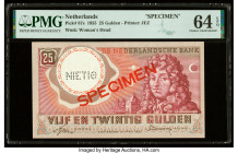 Netherlands Nederlandsche Bank 25 Gulden 10.4.1955 Pick 87s Specimen PMG Choice Uncirculated 64 EPQ. Red Specimen overprints and a roulette punch pres...