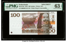 Netherlands Netherlands Bank 100 Gulden 14.5.1970 Pick 93s Specimen PMG Choice Uncirculated 63 EPQ. Specimen overprints are present on this example.

...
