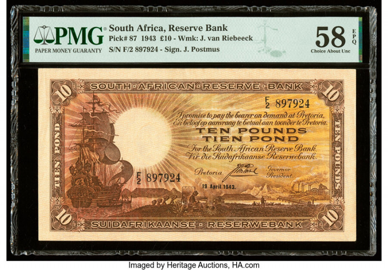 South Africa South African Reserve Bank 10 Pounds 19.4.1943 Pick 87 PMG Choice A...