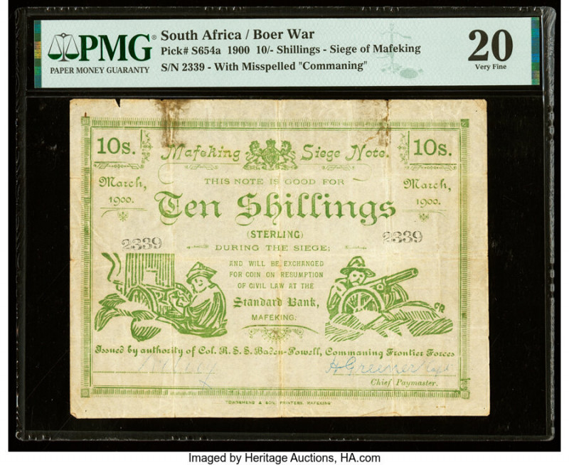 South Africa Boer War Siege of Mafeking 10 Shillings 3.1900 Pick S654a PMG Very ...