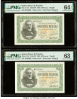 Spain Banco de Espana 50 Pesetas 9.1.1940 (ND 1943) Pick 117a Two Consecutive Examples PMG Choice Uncirculated 64 EPQ; Choice Uncirculated 63. Minor r...
