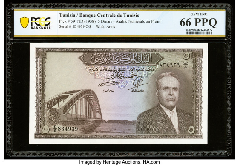 Tunisia Banque Centrale 5 Dinars ND (1958) Pick 59 PCGS Banknote Gem Unc 66 PPQ....