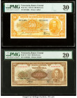 Venezuela Banco Central De Venezuela 500; 100 Bolivares 4.9.1947; 23.7.1953 Pick 37a; 41 Two Examples PMG Very Fine 30; Very Fine 20. Pinholes are not...