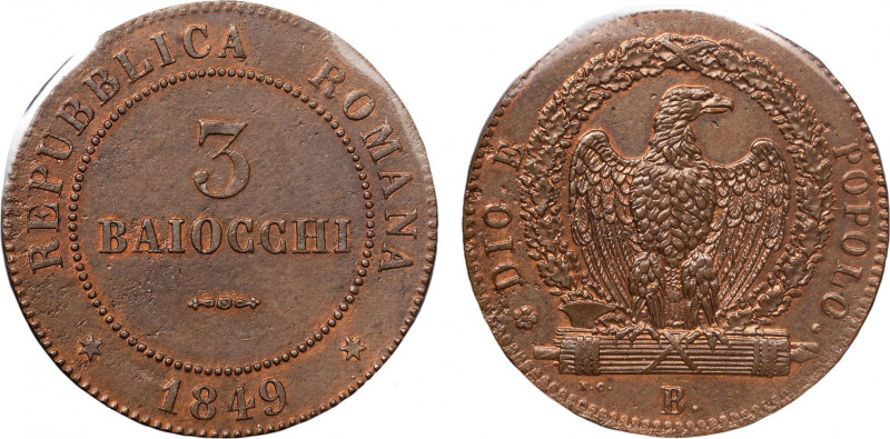 BOLOGNA - SECONDA REPUBBLICA ROMANA (1848-1849) - 3 Baiocchi 1849 (II° tipo)
Ram...