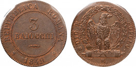 BOLOGNA - SECONDA REPUBBLICA ROMANA (1848-1849) - 3 Baiocchi 1849 (II° tipo)
Rame
Stampata su tondello ridotto, diametro 35,8 Cu g. 21,39
Ottimo esemp...
