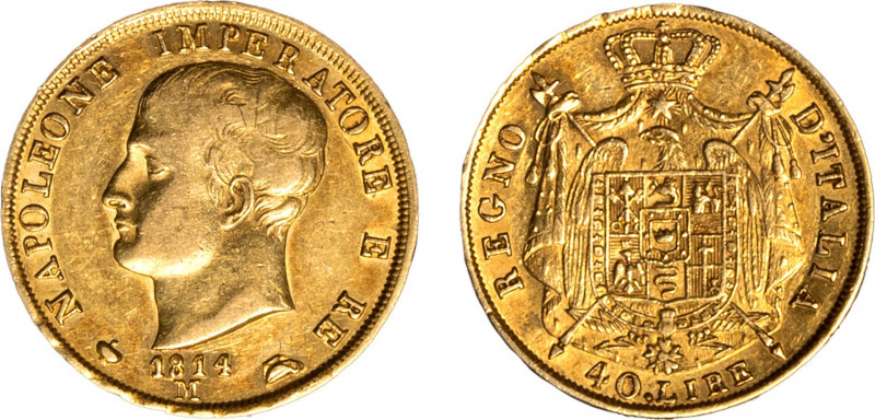 MILANO - NAPOLEONE I, Re d'Italia (1805-1814) - 40 lire 1814
Oro
Gigante 82
/R d...
