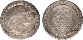 NAPOLI - FERDINANDO IV DI BORBONE - II periodo (1799-1805) - 120 grana 'stemma grande' 1805
Argento
Gigante 71, MIR 335/1, P.R. 13
Lieve debolezza di ...