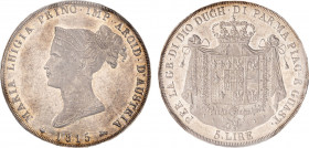 PARMA MARIA LUIGIA (1814-1847) - 5 lire 1815
Argento
Gigante 5 Non comune
Esemplare di notevole conservazione con fondi praticamente speculari. /R ecc...