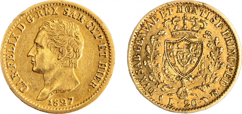 CARLO FELICE (1821-1831) - 20 lire 1827 Torino
Oro
Gigante 28
Colpetto al /D
Buo...