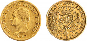 CARLO FELICE (1821-1831) - 20 lire 1827 Torino
Oro
Gigante 28
Colpetto al /D
Buon BB