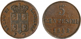 CARLO ALBERTO (1831-1849) - 5 centesimi 1842, Torino
Rame
Gigante 158 Rara
q.SPL