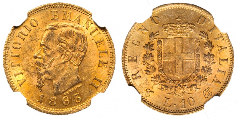 VITTORIO EMANUELE II (1861-1878) - 10 lire 1863, Torino
Oro
Gigante 25
Sigill...