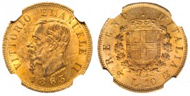 VITTORIO EMANUELE II (1861-1878) - 10 lire 1863, Torino
Oro
Gigante 25
Sigillata MS62 da NGC
Certificato NGC n. 6254830-089