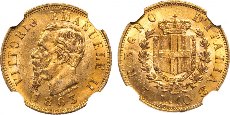 VITTORIO EMANUELE II (1861-1878) - 10 lire 1863, Torino
Oro
Gigante 25
Sigill...