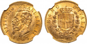 VITTORIO EMANUELE II (1861-1878) - 10 lire 1863, Torino
Oro
Gigante 25
Sigillata MS62 da NGC
Certificato NGC n. 6254830-093
