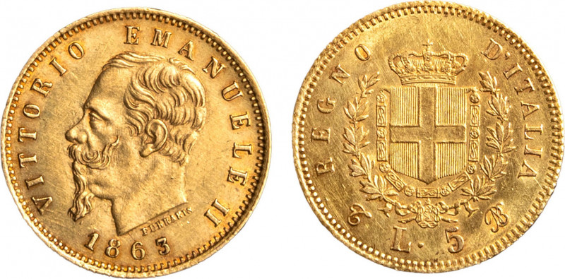 VITTORO EMANUELE II (1861-1878) - 5 lire 1863 Torino
Oro
Gigante 29
Hairlines
BB...